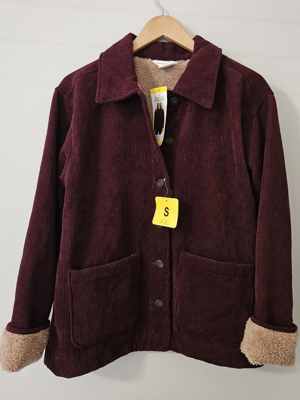 NEW! Boston Trader's Burgundy Sherpa Lined Corduroy Jacket Size S